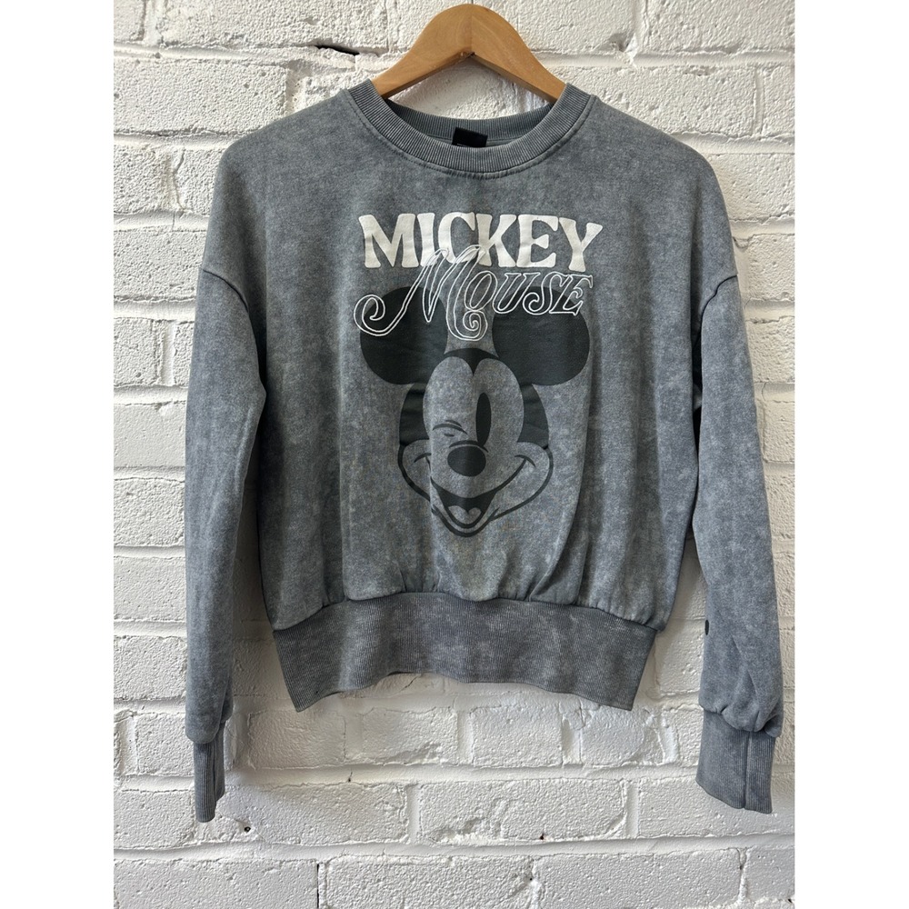 Disney Mickey Mouse Cropped Sweatshirt Womens S Gray Acid Wash Graphic